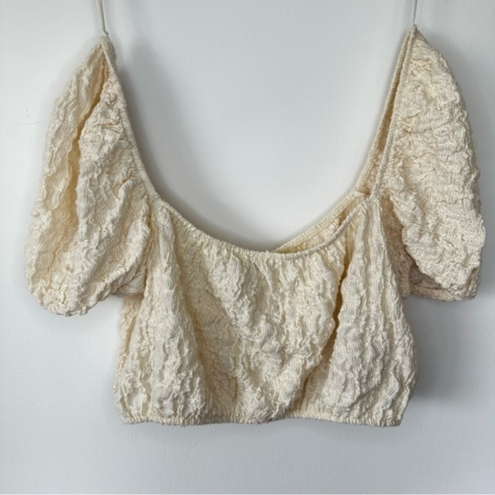 Zara Cream Textured Puff Sleeve Crop Top
